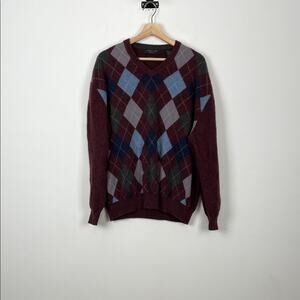 Northern Isles 2 Ply Cashmere Men's 2X V Neck Argyle Sweater - Burgundy and Blue